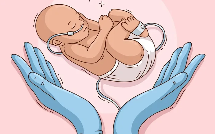Ilustración de un bebé alimentándose, sostenido entre dos manos